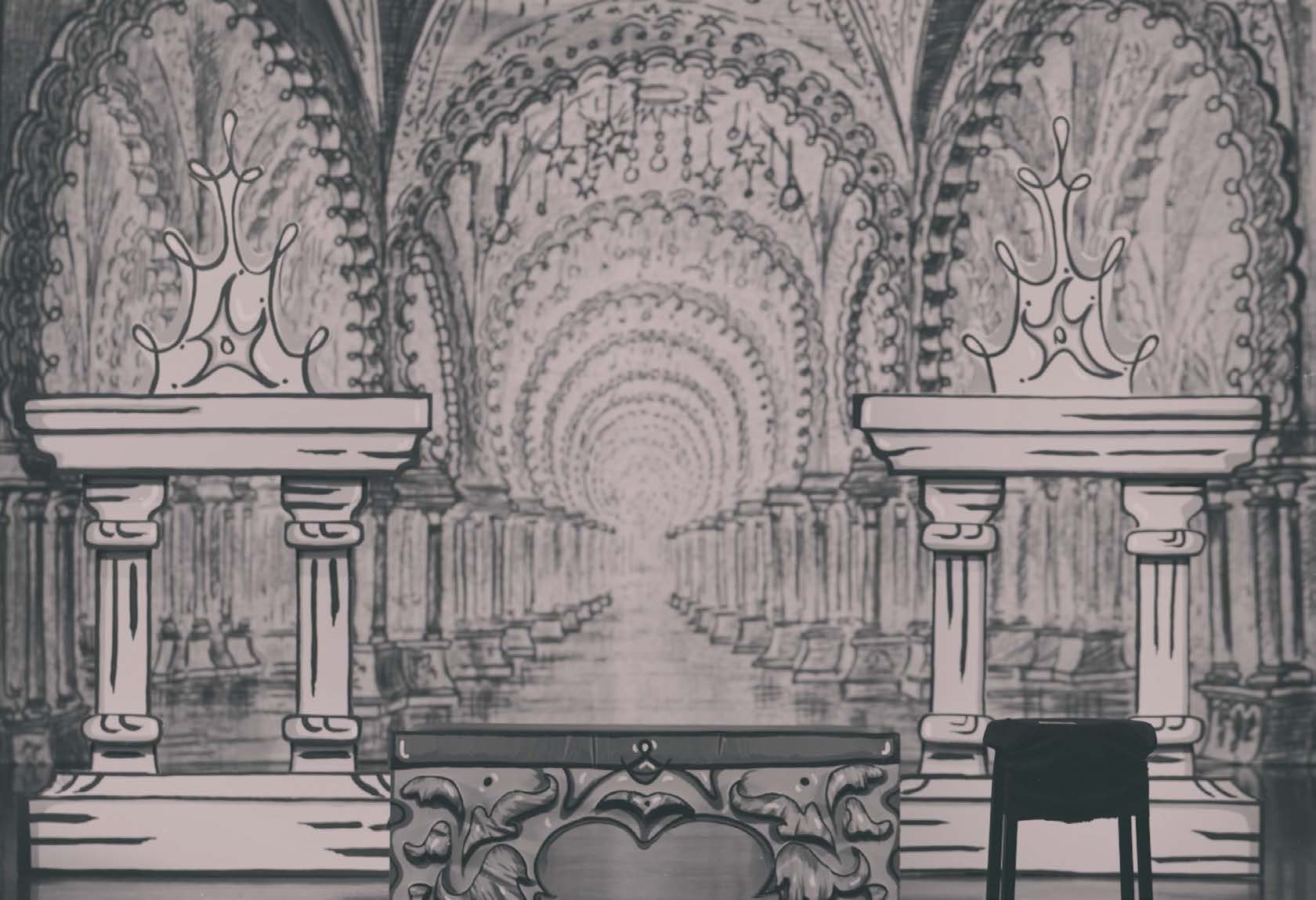 Painted backdrop — colonnade receding to a vanishing point