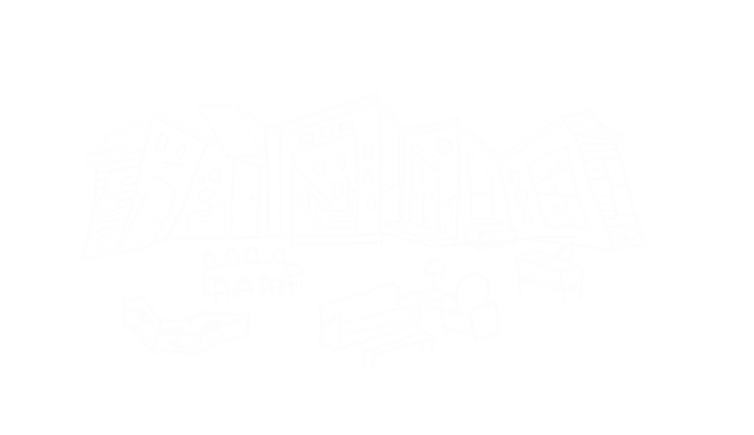 Conceptual sketch — slanted architecture and furniture layout